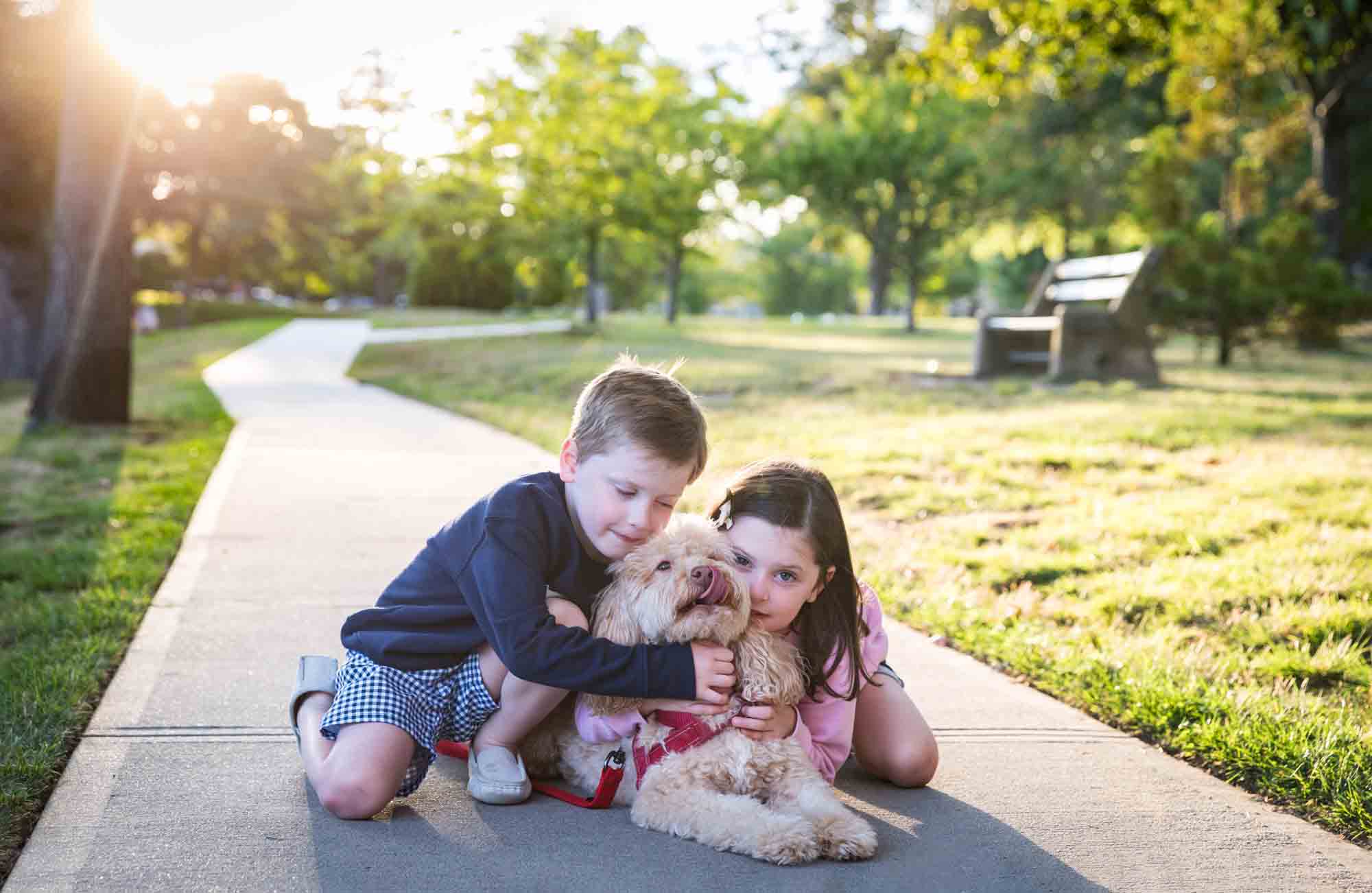 Little boy and girl giving hug to dog on the sidewalk at sunset