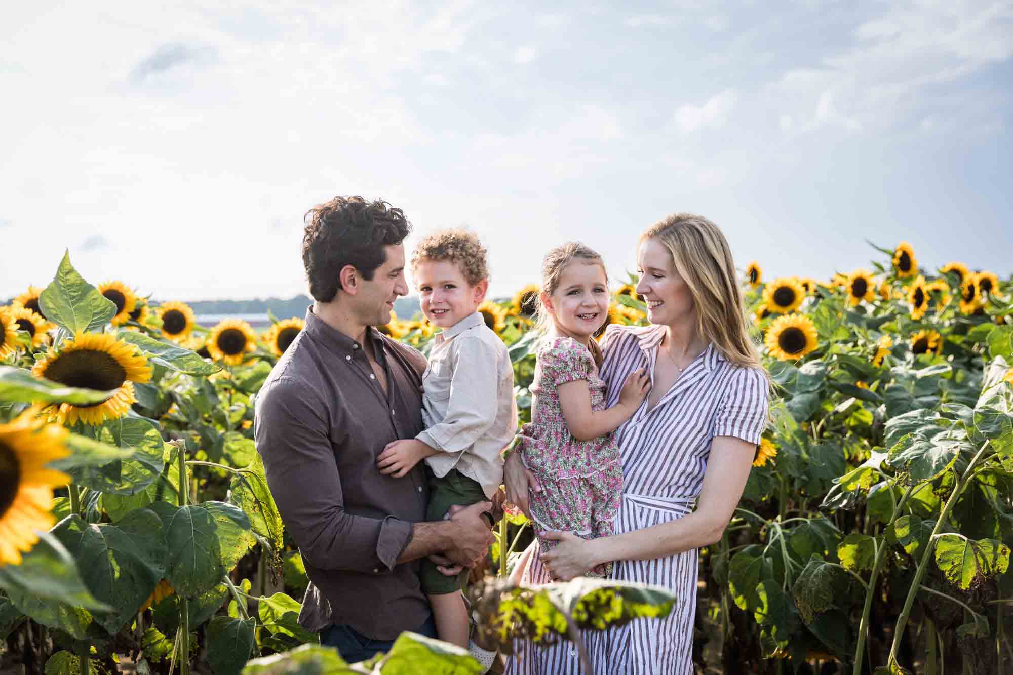 Parents holding two small children in sunflower patch 