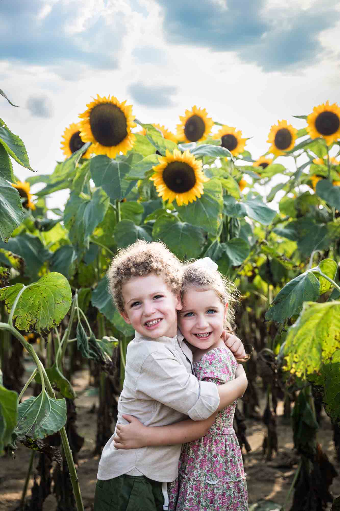 Little boy and girl hugging in sunflower field for an article on sunflower photo shoot tips