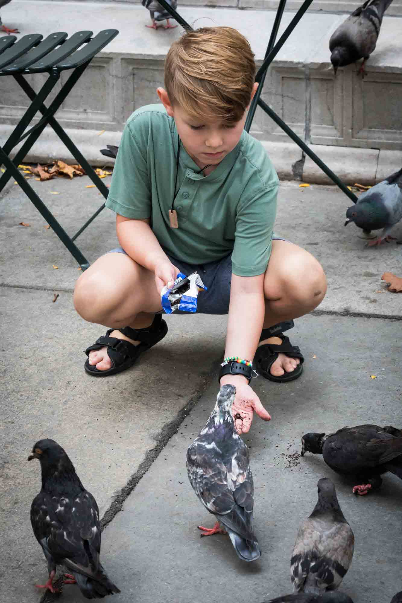 Boy feeding pigeon by hand in NYC