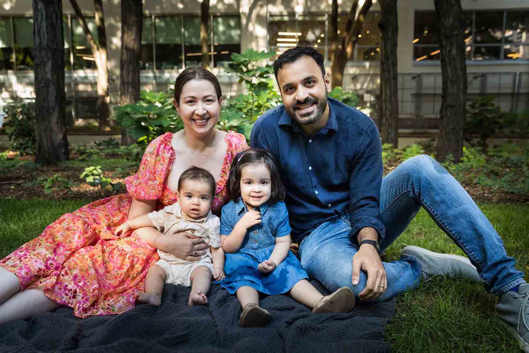 Parents sitting on gray blanket with baby girl and boy during a Brooklyn Commons family portrait session