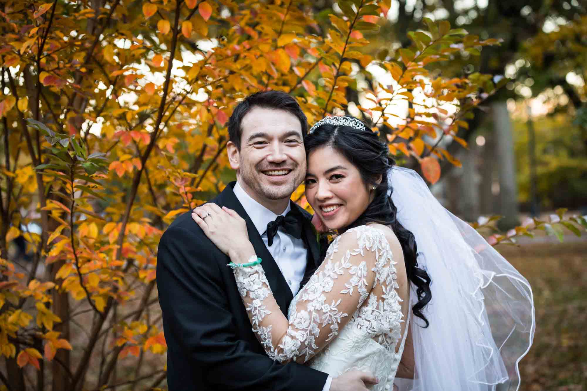 Bride and groom hugging in front of tree with yellow leaves