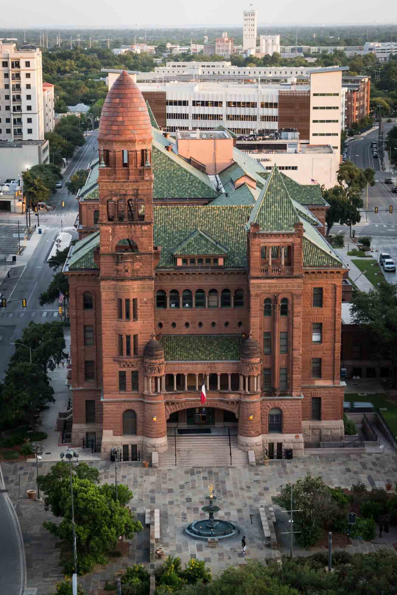 View from sky of Bexar County Courthouse and surrounding patio