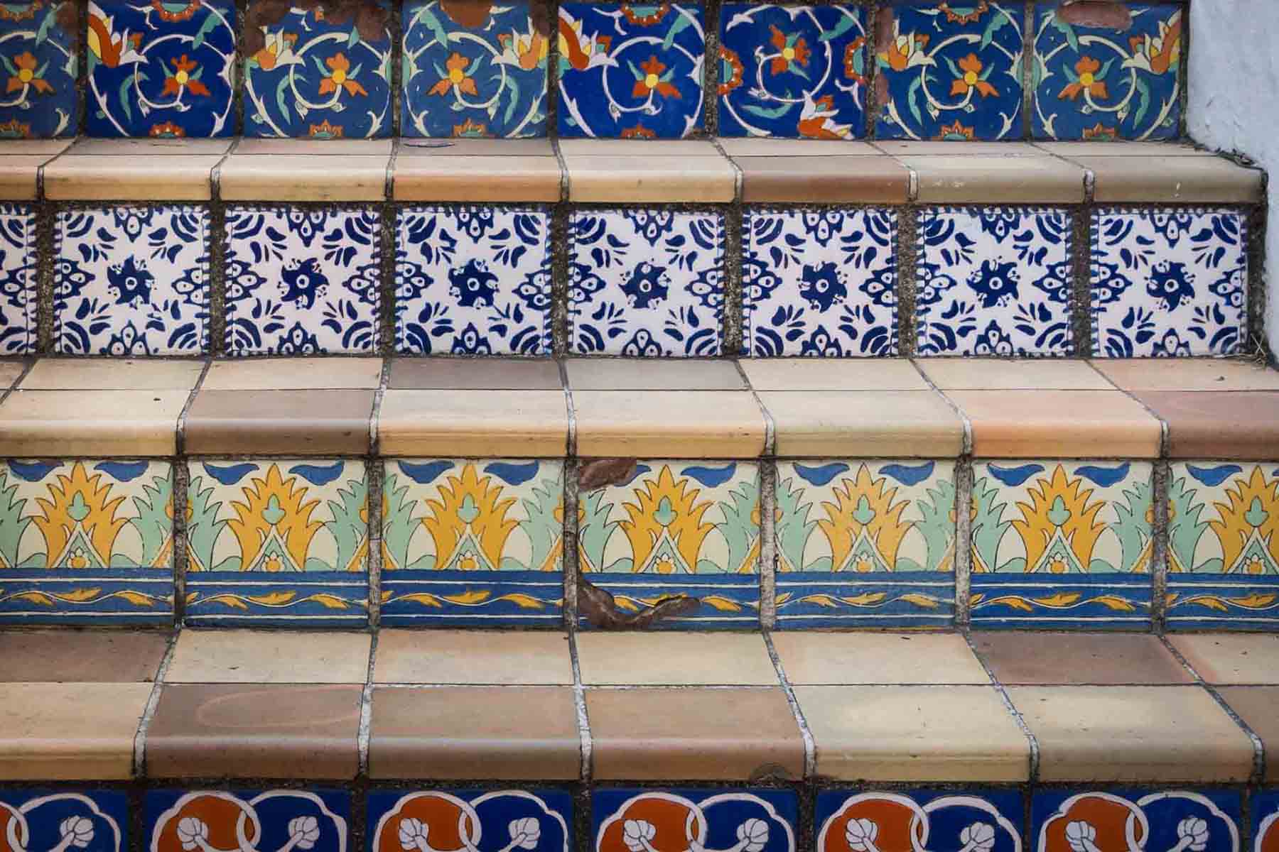 Colorful tiles on a staircase for an article on how to take photos at the McNay Art Museum