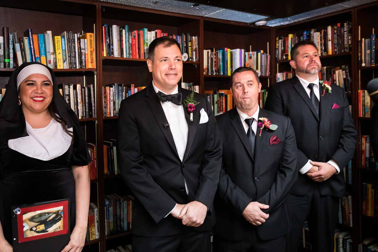 Groom with groomsmen and officiant dressed as nun for an article on how to become a wedding officiant in San Antonio