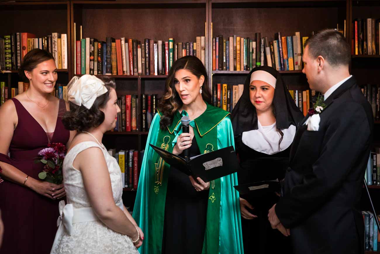 Two female officiants dressed in costume during ceremony for an article on how to become a wedding officiant in San Antonio
