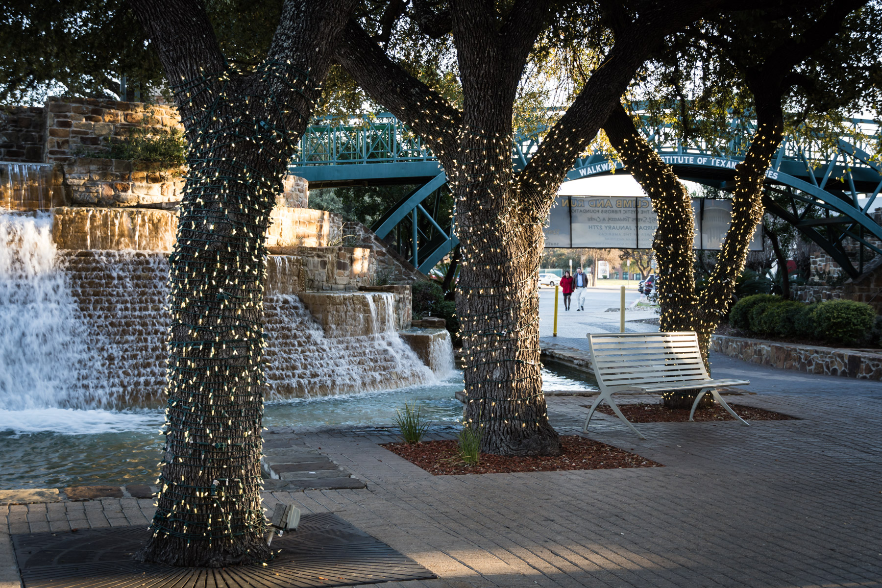 Water flowing over fountains in Hemisfair Park for an article on how to propose at the Tower of the Americas