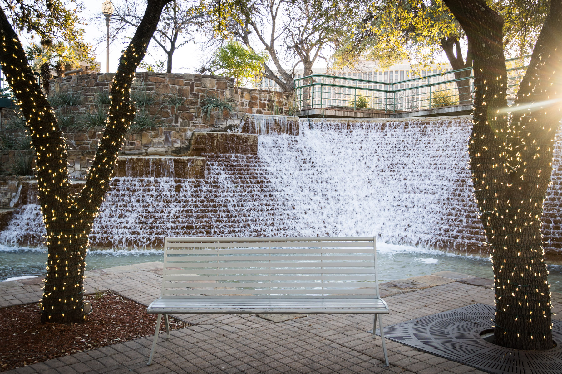 Water flowing over fountains in Hemisfair Park for an article on how to propose at the Tower of the Americas