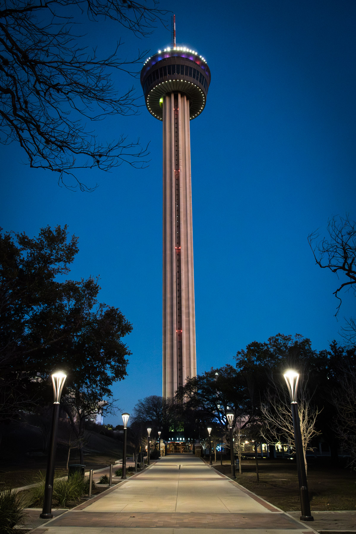Pathway leading to the Tower of the Americas in Hemisfair Park for an article on how to propose at the Tower of the Americas