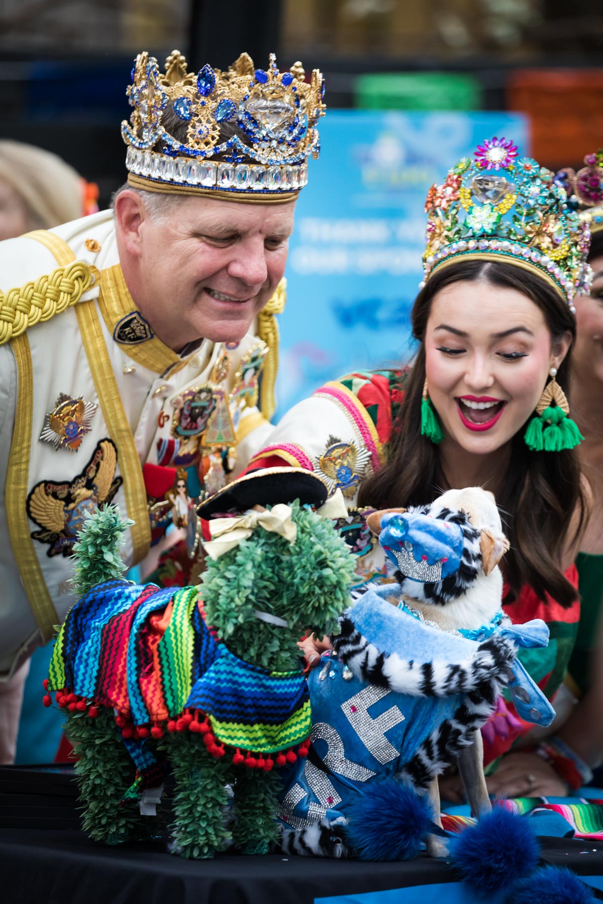 Rey Feo and other royalty looking at dog during Rey Fido event for an article on the best Fiesta photos