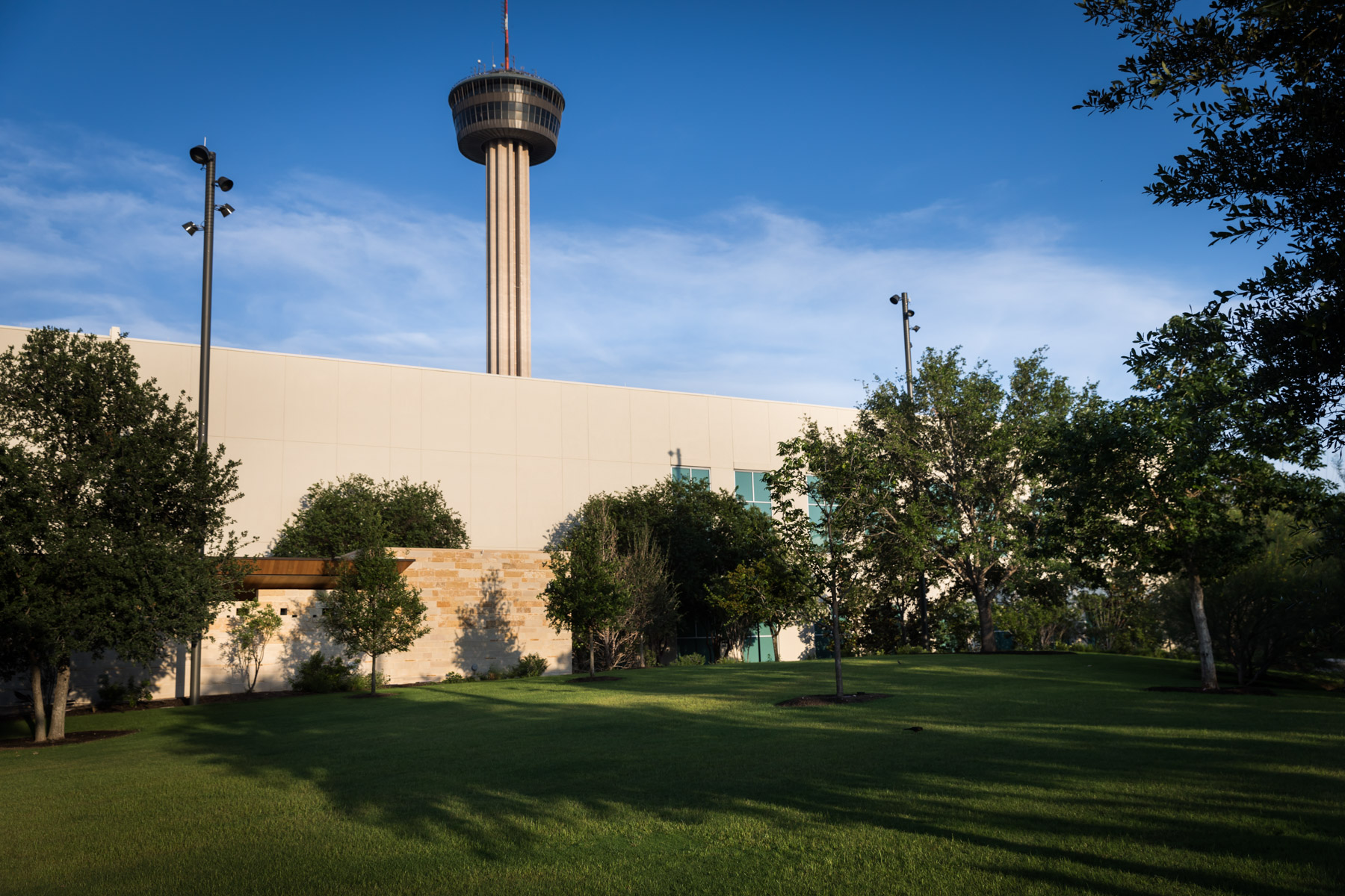 Civic Park at Hemisfair with Tower of the Americas in the background for an article on the perfect downtown San Antonio family portrait itinerary