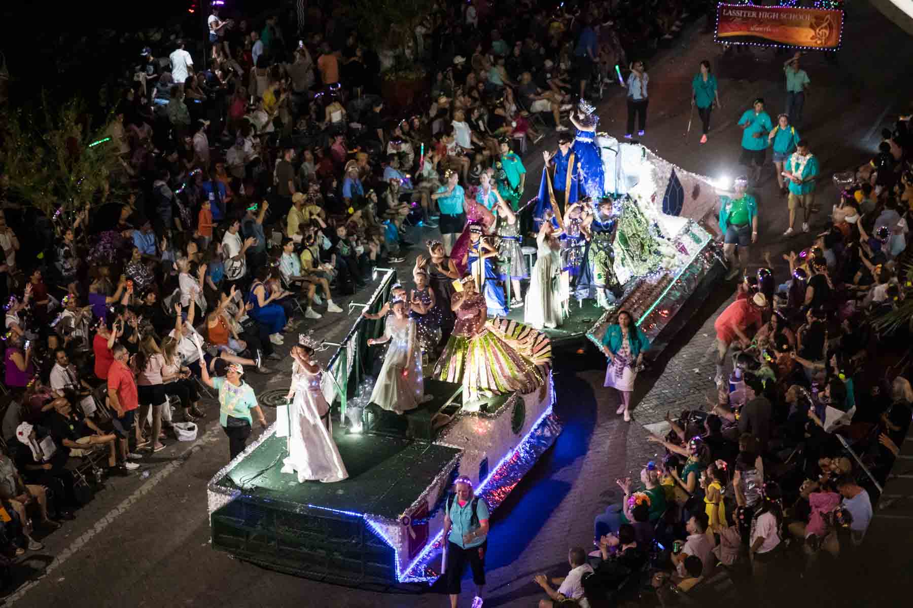 Downward view on Fiesta Flambeau parade during Fiesta for an article on secret San Antonio photo shoot locations