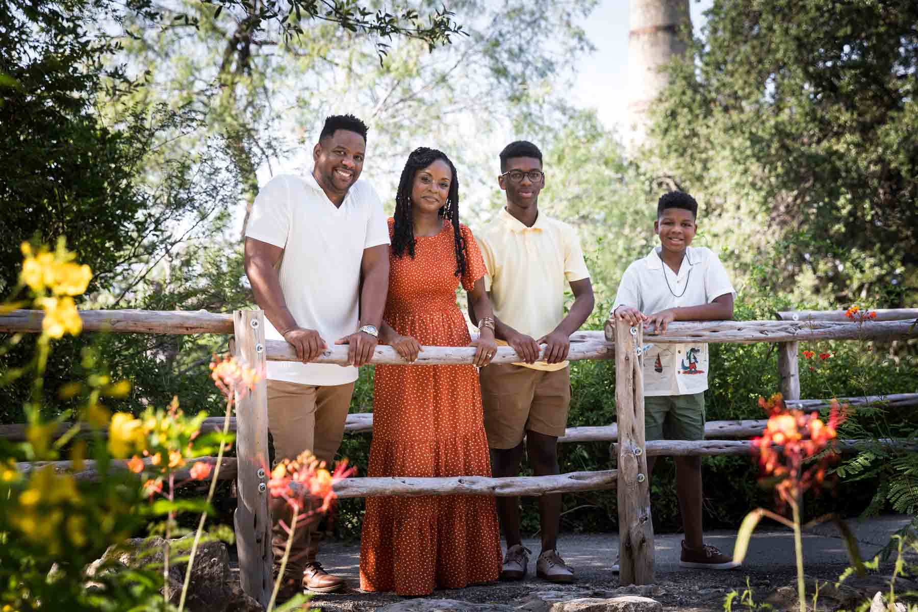 Japanese Tea Garden family portrait of an African American family standing behind a wooden railing