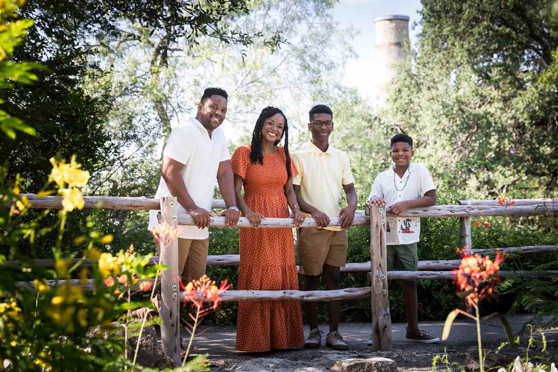 Japanese Tea Garden family portrait of an African American family standing behind a wooden railing