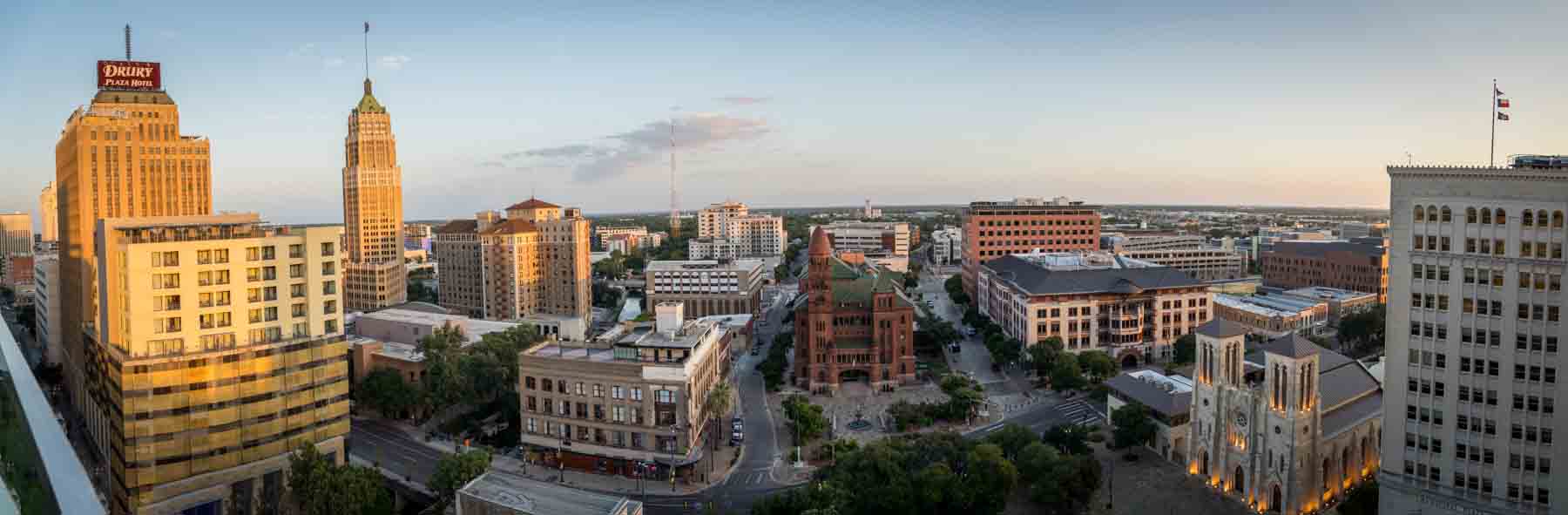 Sunset view from 1 Watson down on Main Plaza for an article listing the best places to propose in San Antonio