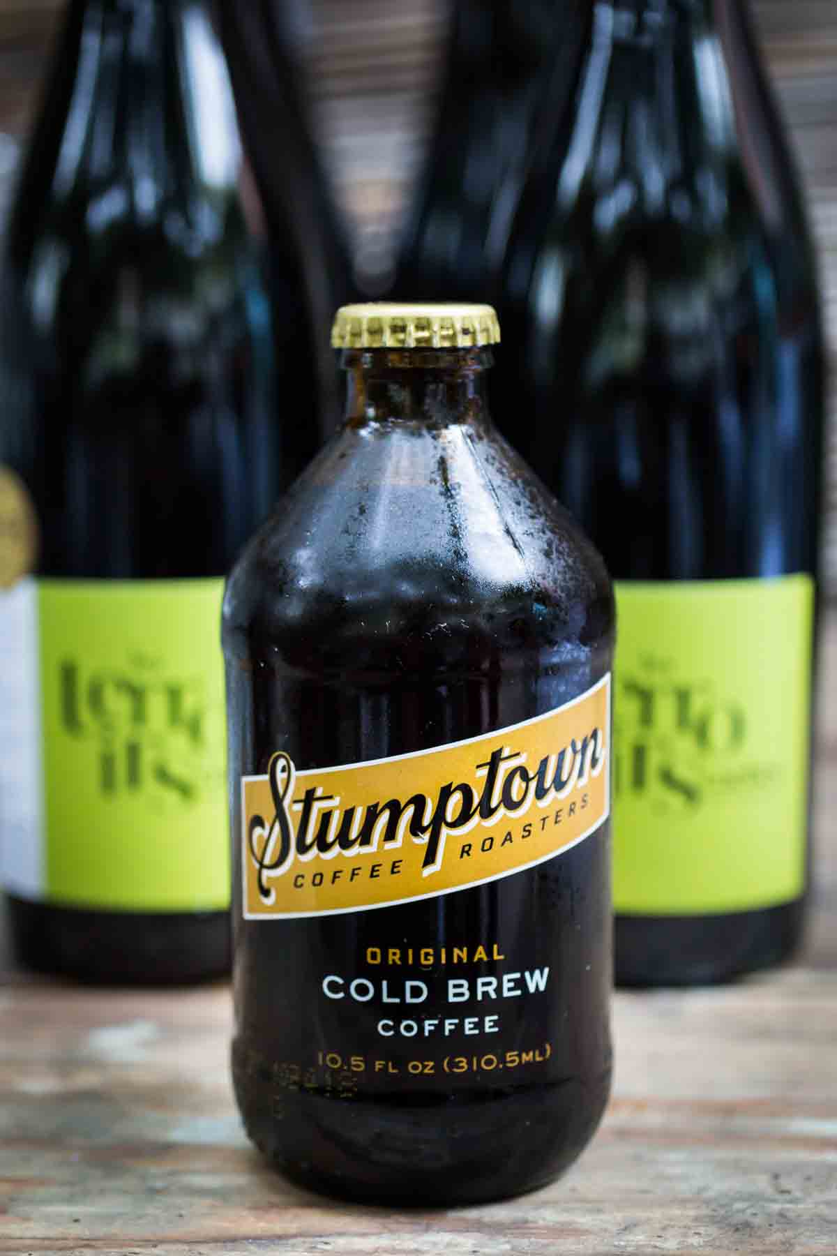 Close up of bottle of Stumptown cold brew coffee used for guest favor