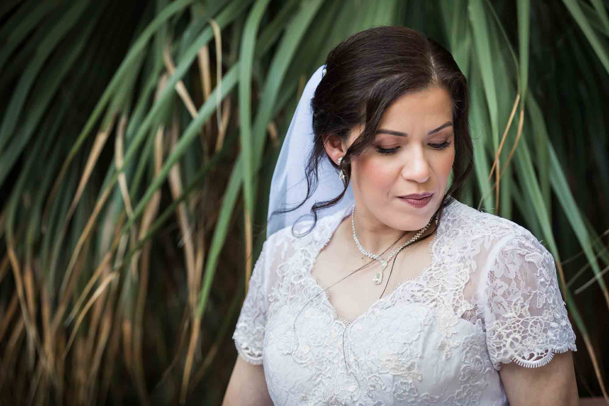 Bride wearing white dress and veil standing in front of palm trees