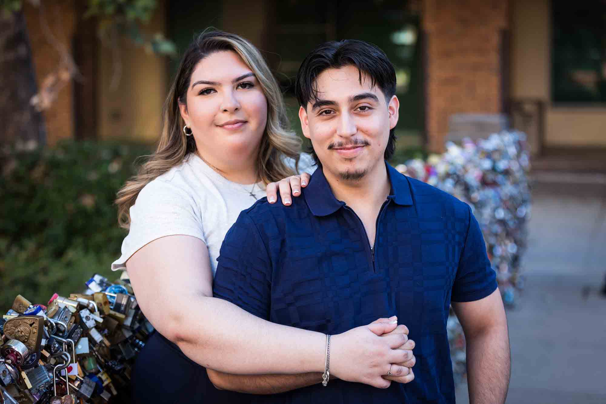 Couple standing in front of lovelock bridge during a San Antonio photo shoot