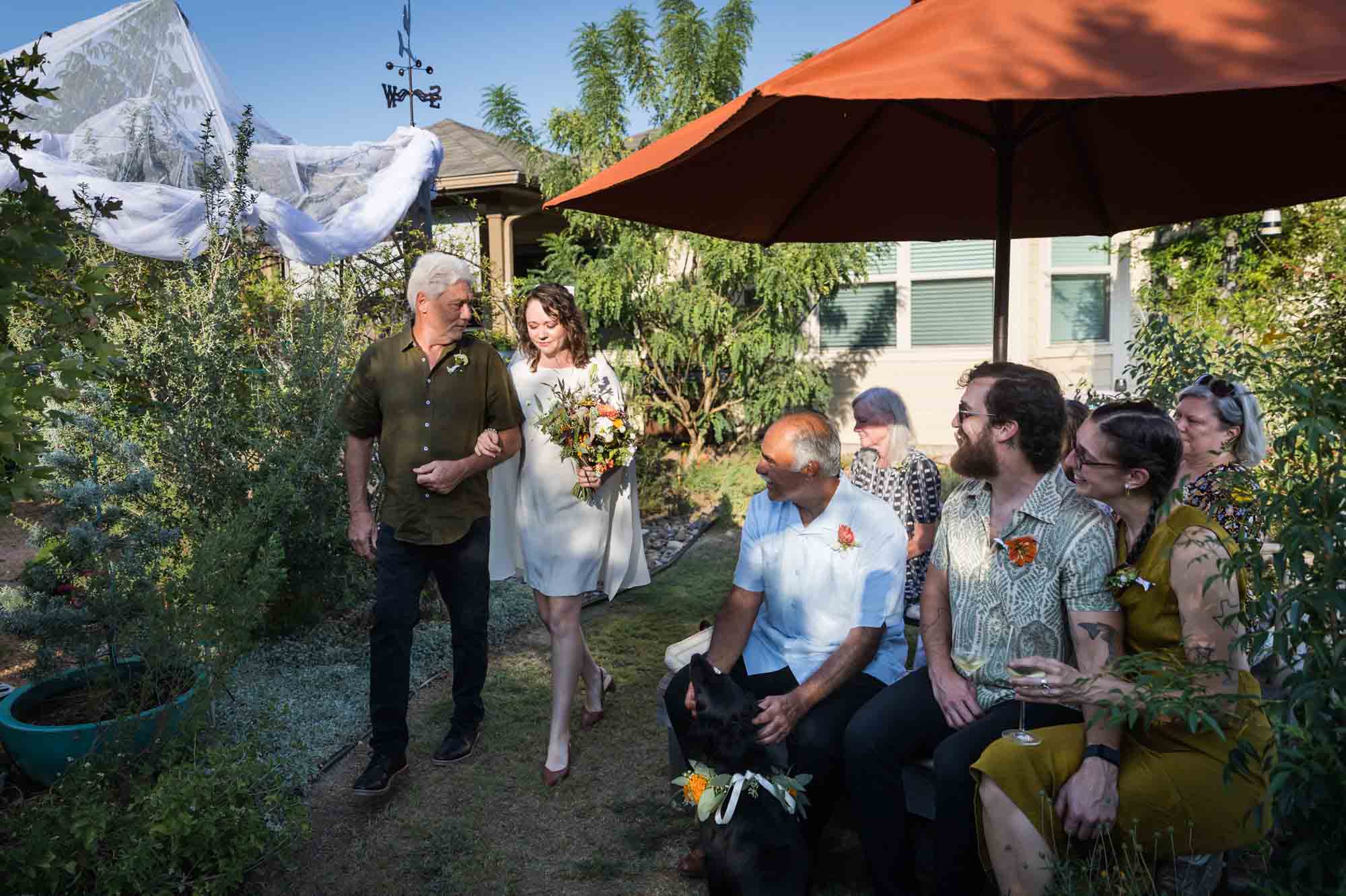 Bride and father walking in front of guests at a Boerne backyard wedding