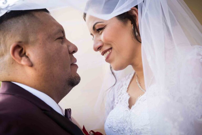 St. Henry Catholic Church wedding photos of bride and groom looking at each other under bride's veil