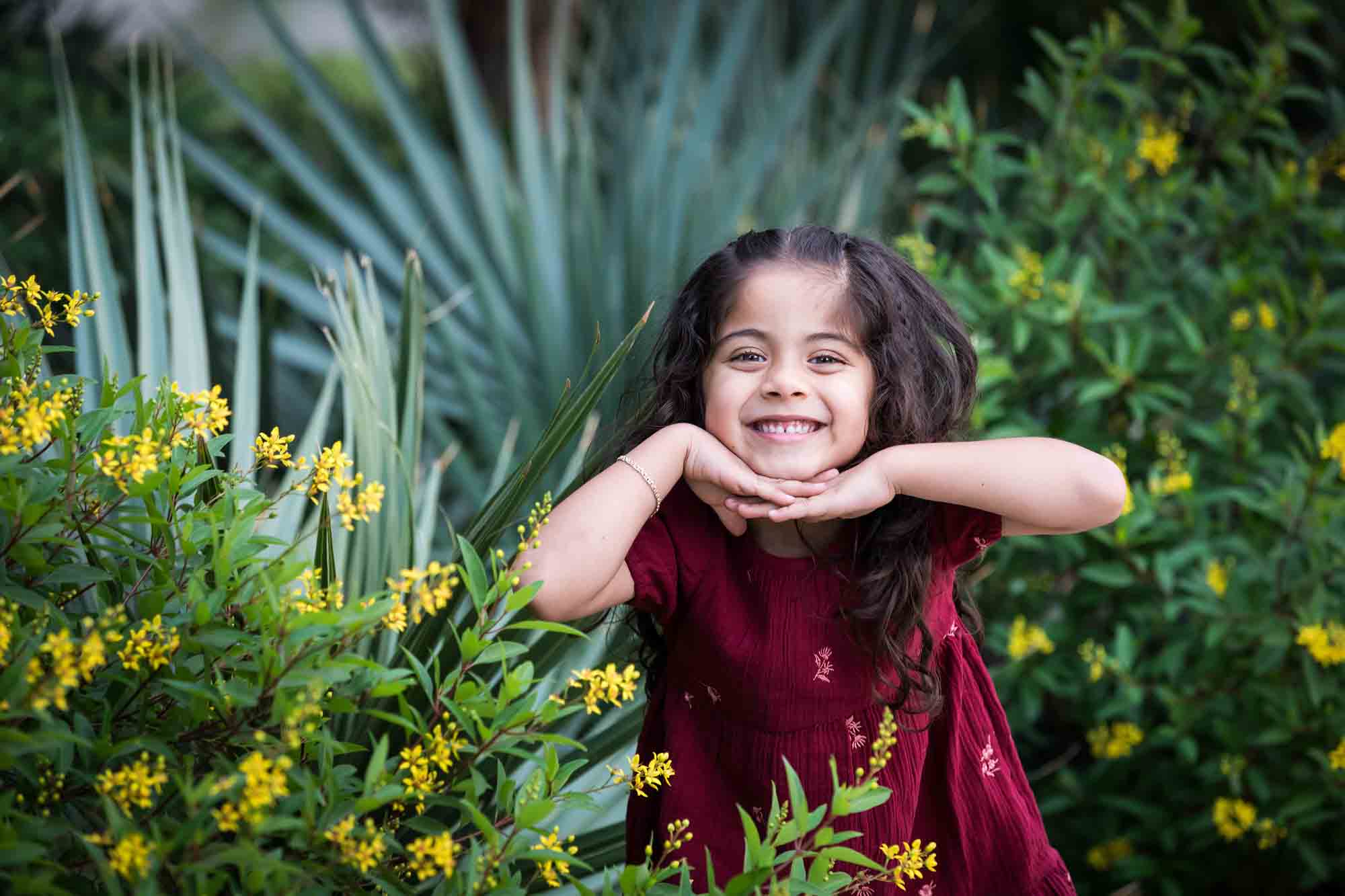 Little girl with long brown hair wearing maroon dress standing in front of green bushes with hands under chin