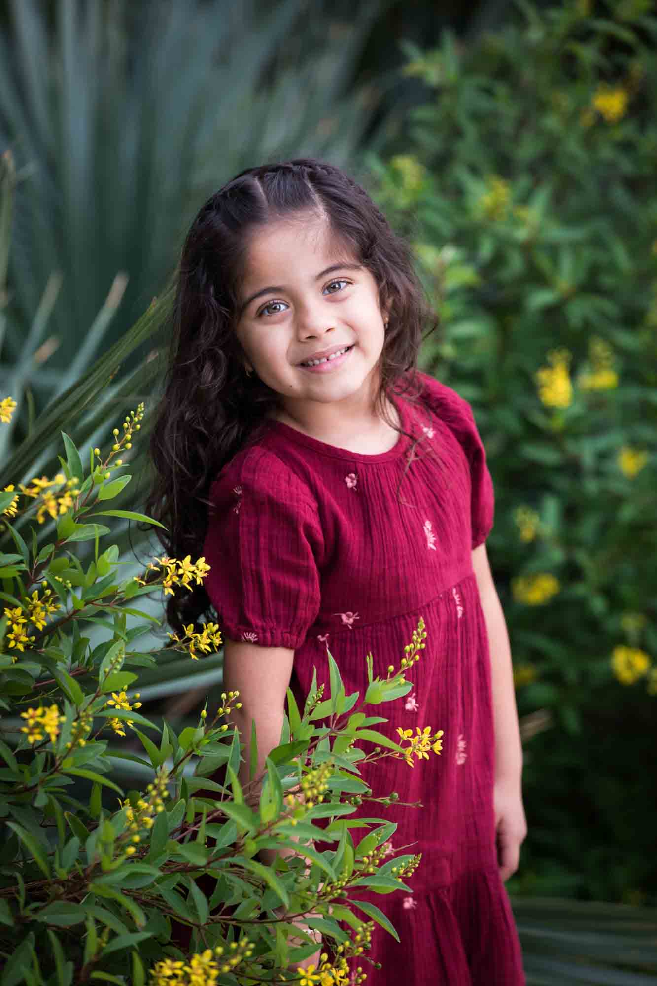 Little girl with long brown hair wearing maroon dress standing in front of green bushes