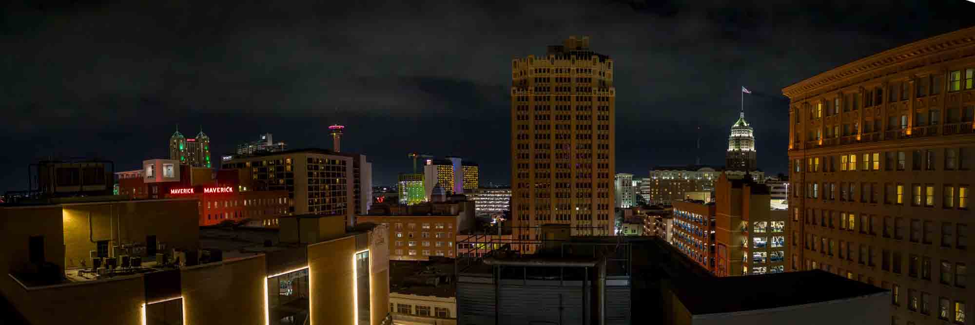 Wide shot of San Antonio skyline from Sky Terrace of St. Anthony Hotel