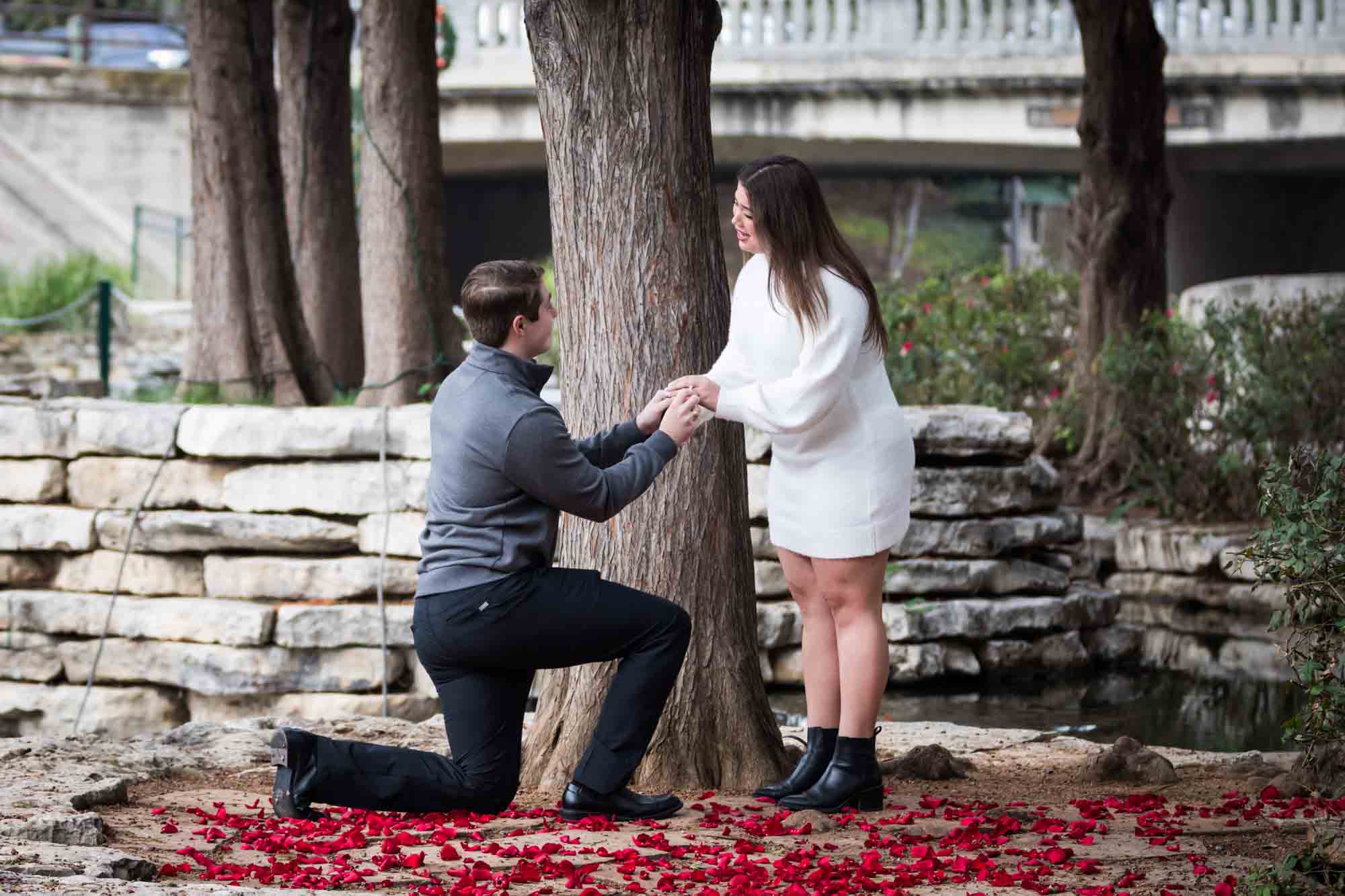 Man proposing on one knee during a surprise proposal at the Pearl