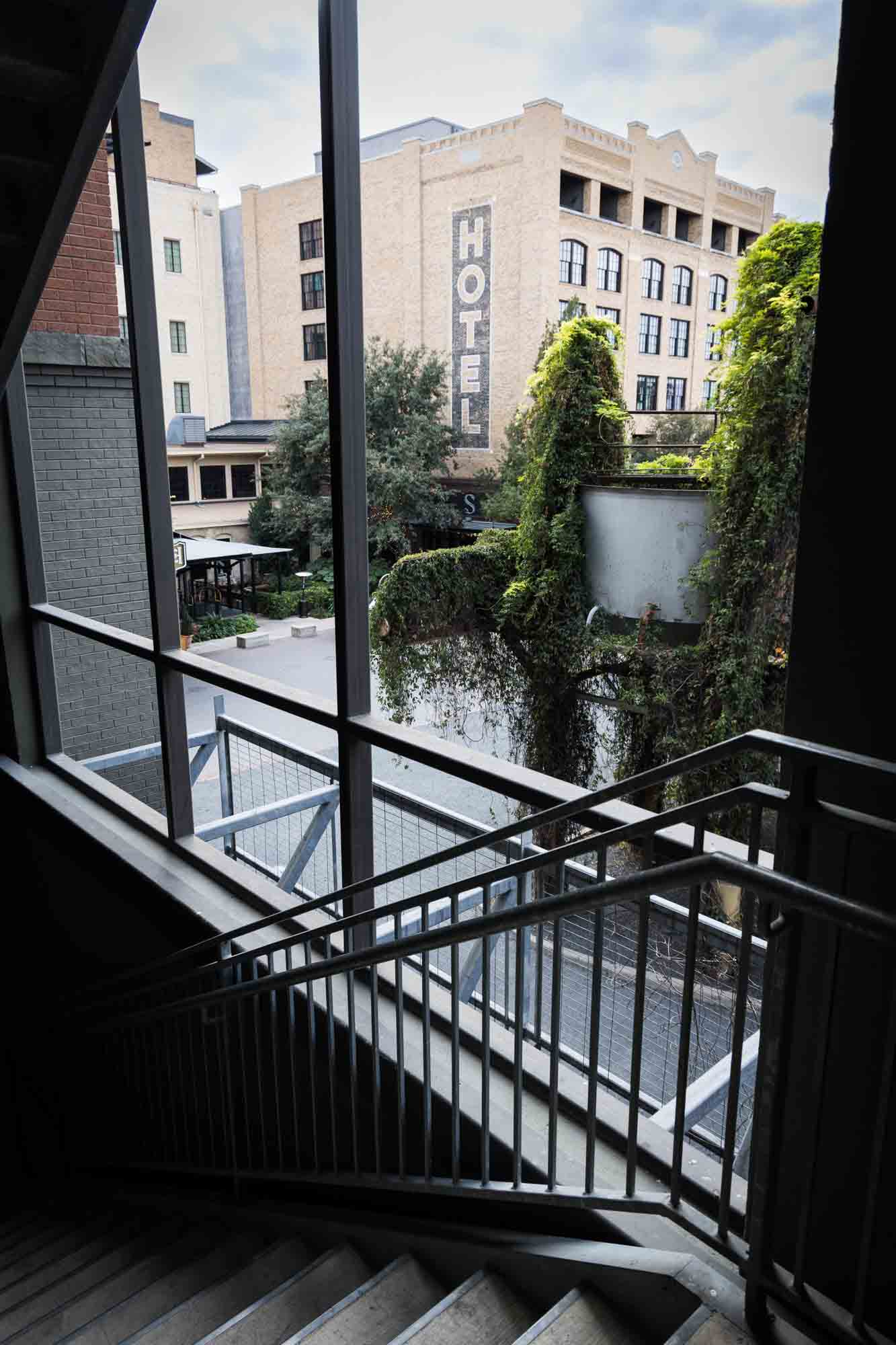 View from the stairwell at the Kohler Parking Garage for an article on rain backup photo locations at the Pearl in San Antonio