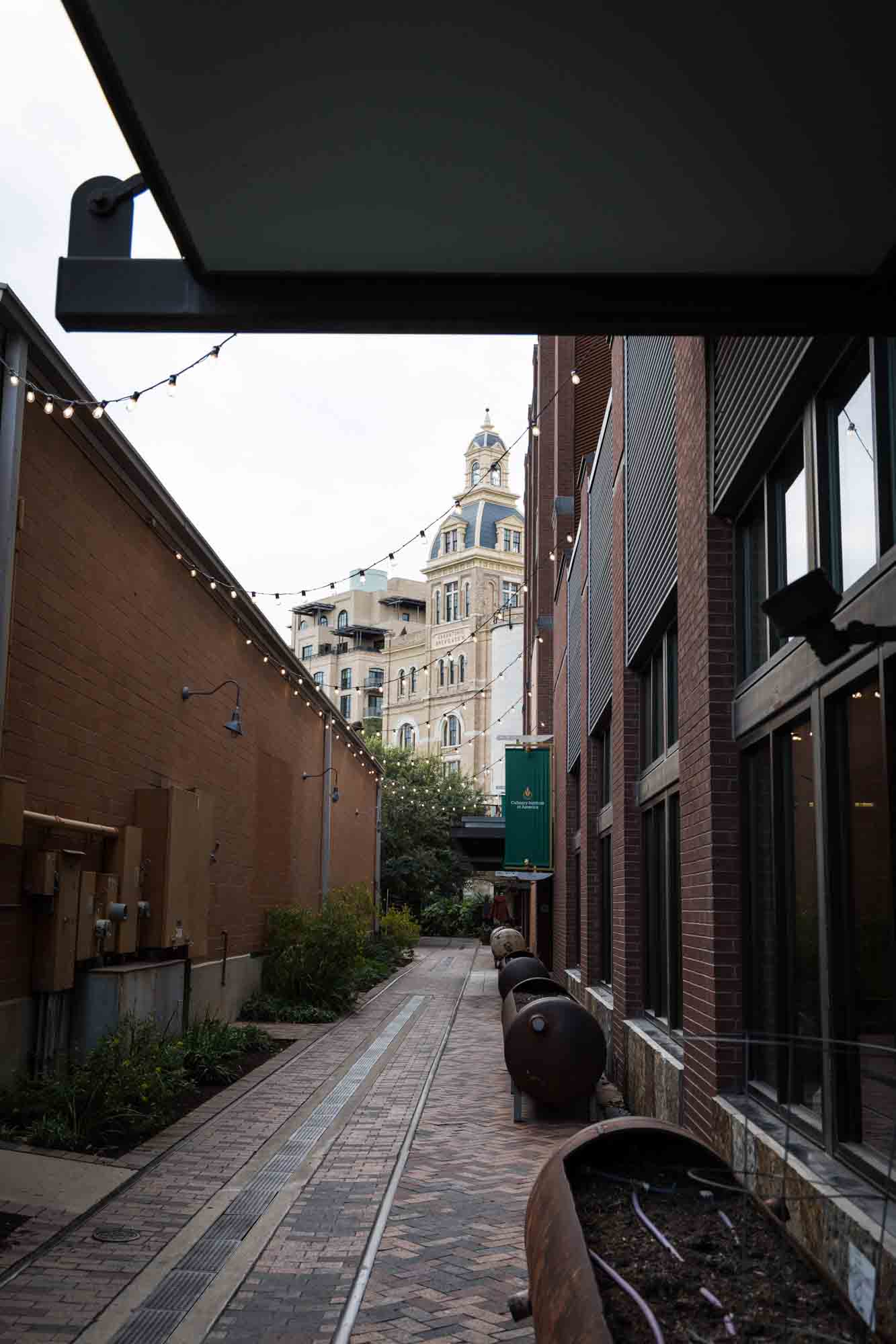 The alleyway outside the Culinary Institute of America for an article on rain backup photo locations at the Pearl in San Antonio