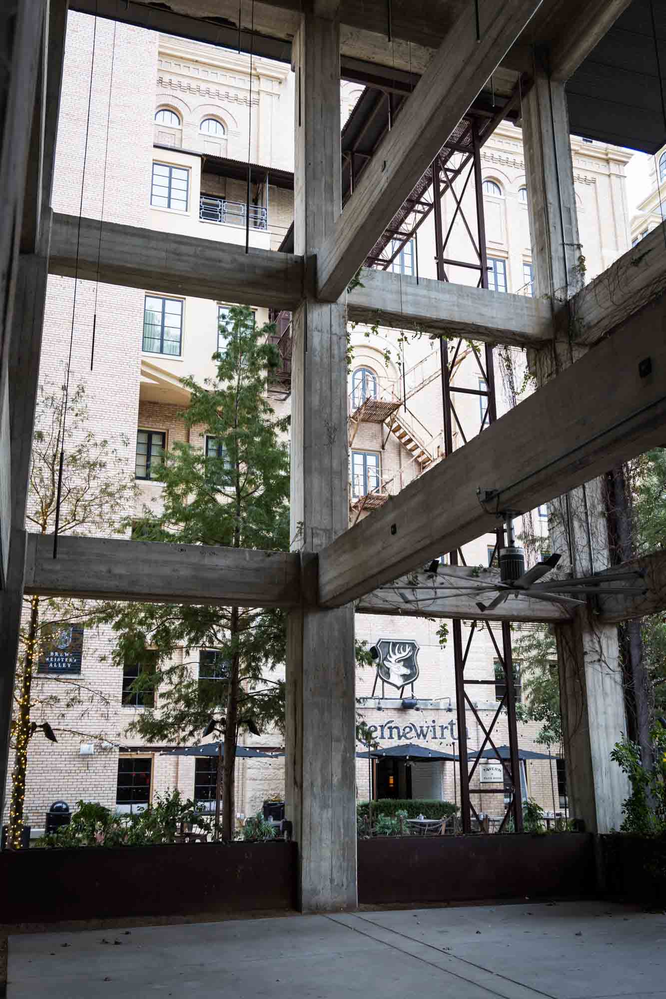 The covered patio outside Hiatus Spa for an article on rain backup photo locations at the Pearl in San Antonio