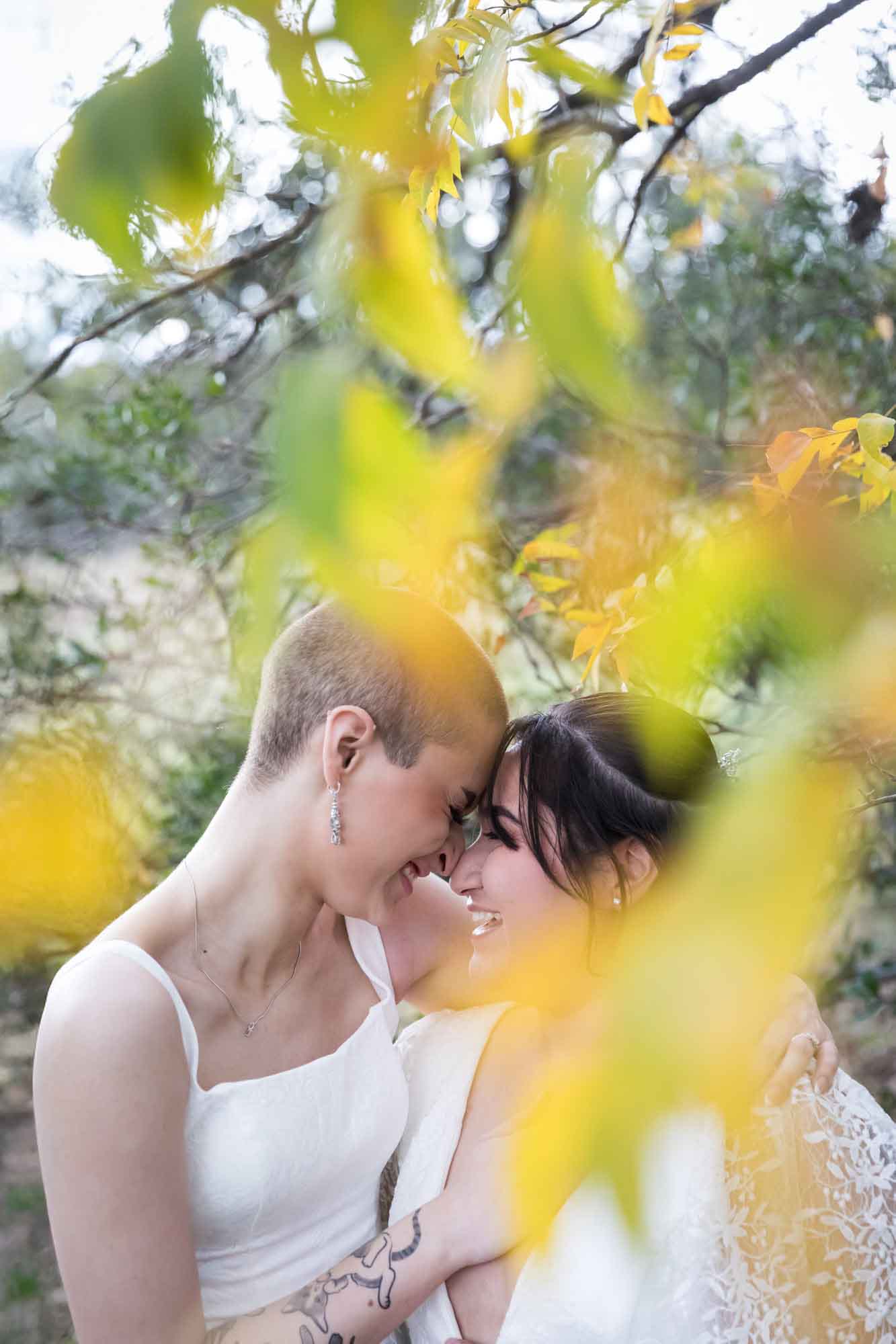 Walker Ranch Park wedding photos of two brides dressed in white hugging as viewed through yellow leaves