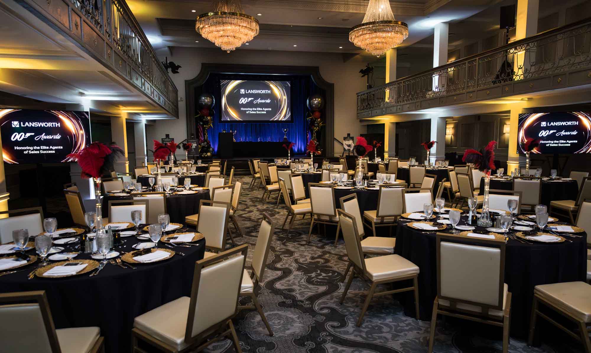 Wide view of the Anacacho Ballroom set for dinner for an article on a St. Anthony Hotel corporate event