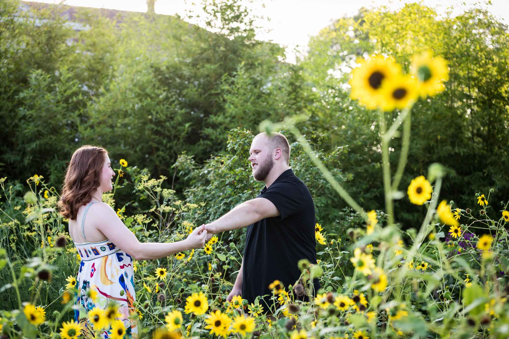 Couple dancing in flower garden of sunflowers during a Landa Library engagement portrait