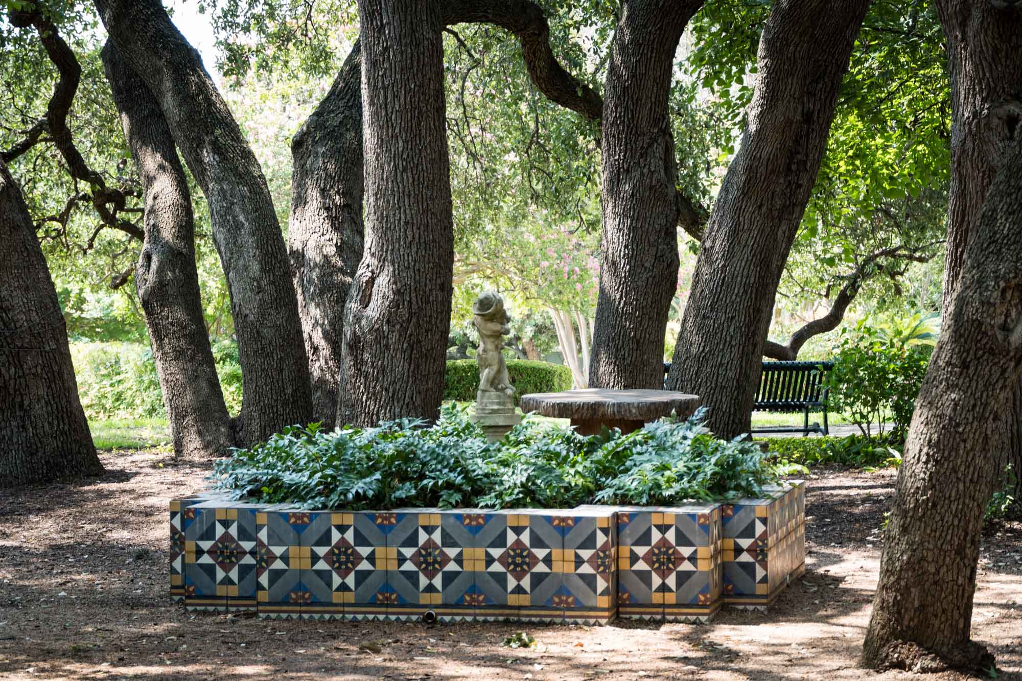 Large oak trees surrounding a mosaic fountain at the Landa Library