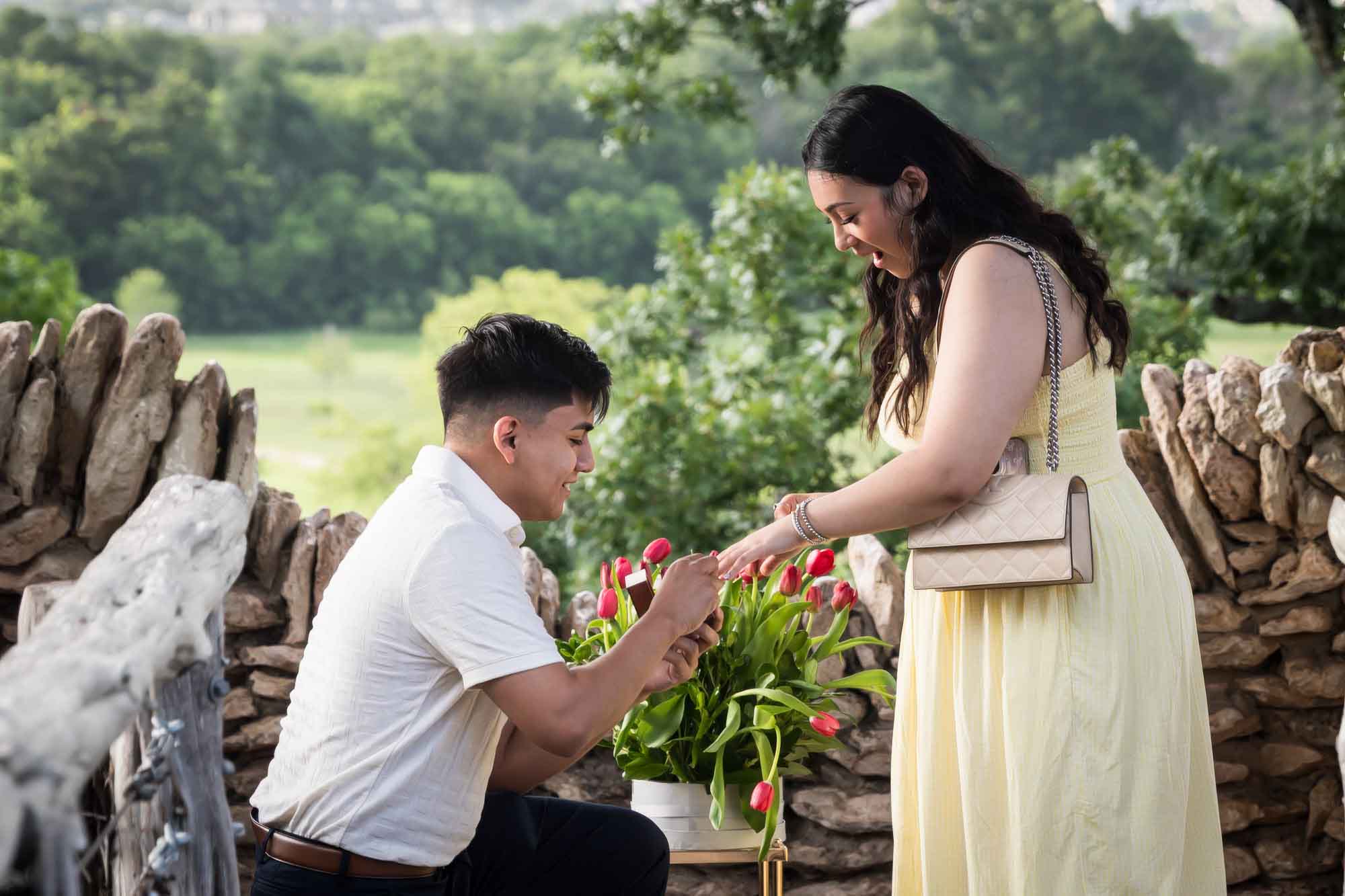 Man wearing black pants bending down on one knee in front of woman wearing yellow dress in stone gazebo during proposal for an article on Japanese Tea Garden proposal tips