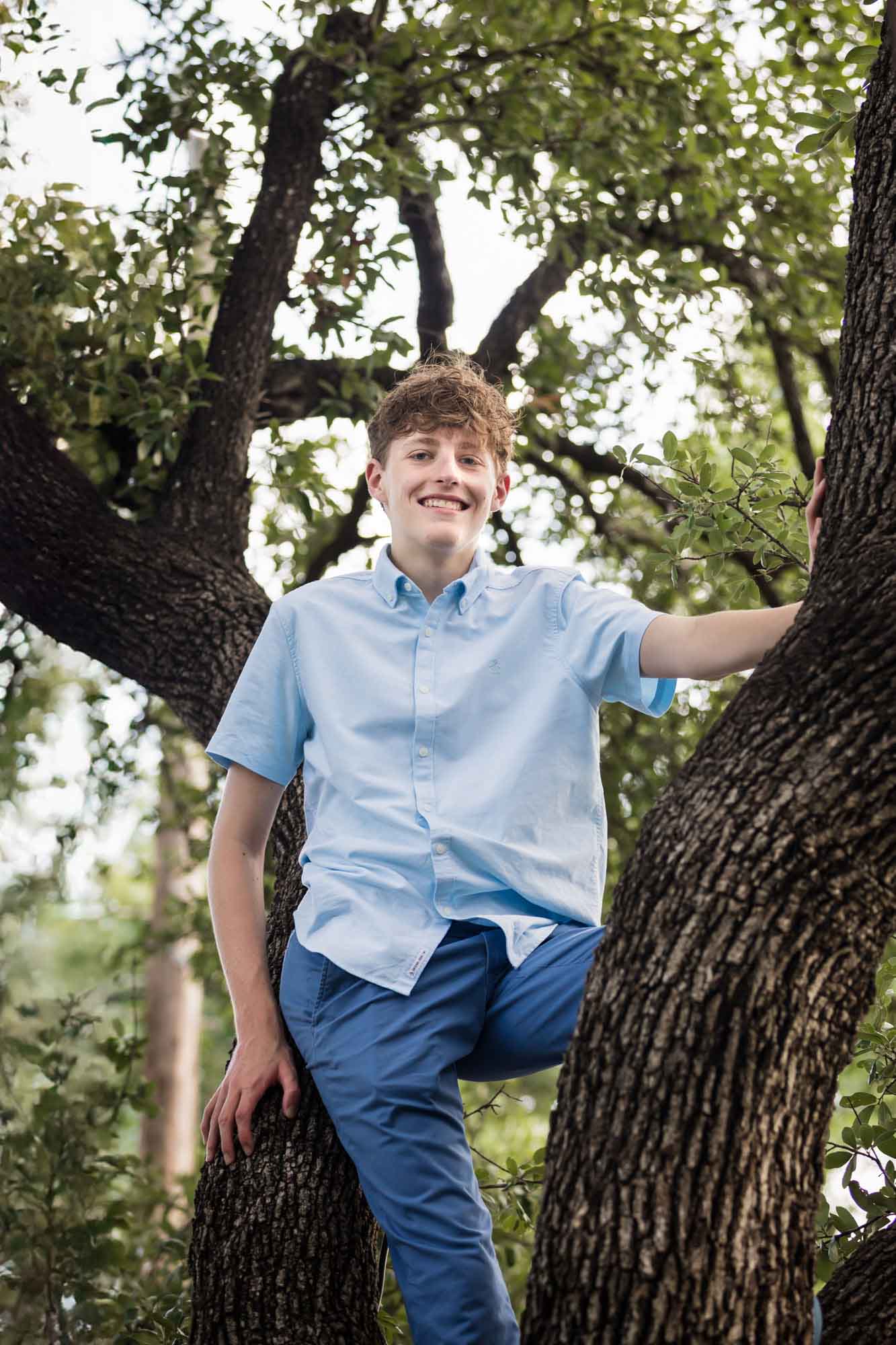 Teenage boy wearing blue shirt and pants seated in a large oak tree Mother wearing navy t-shirt hugging daughter wearing white shirt playing on swing Mother wearing maroon dress seated with son wearing blue shirt and dog Teenage girl wearing white blouse and jeans standing on swing during a King William family portrait