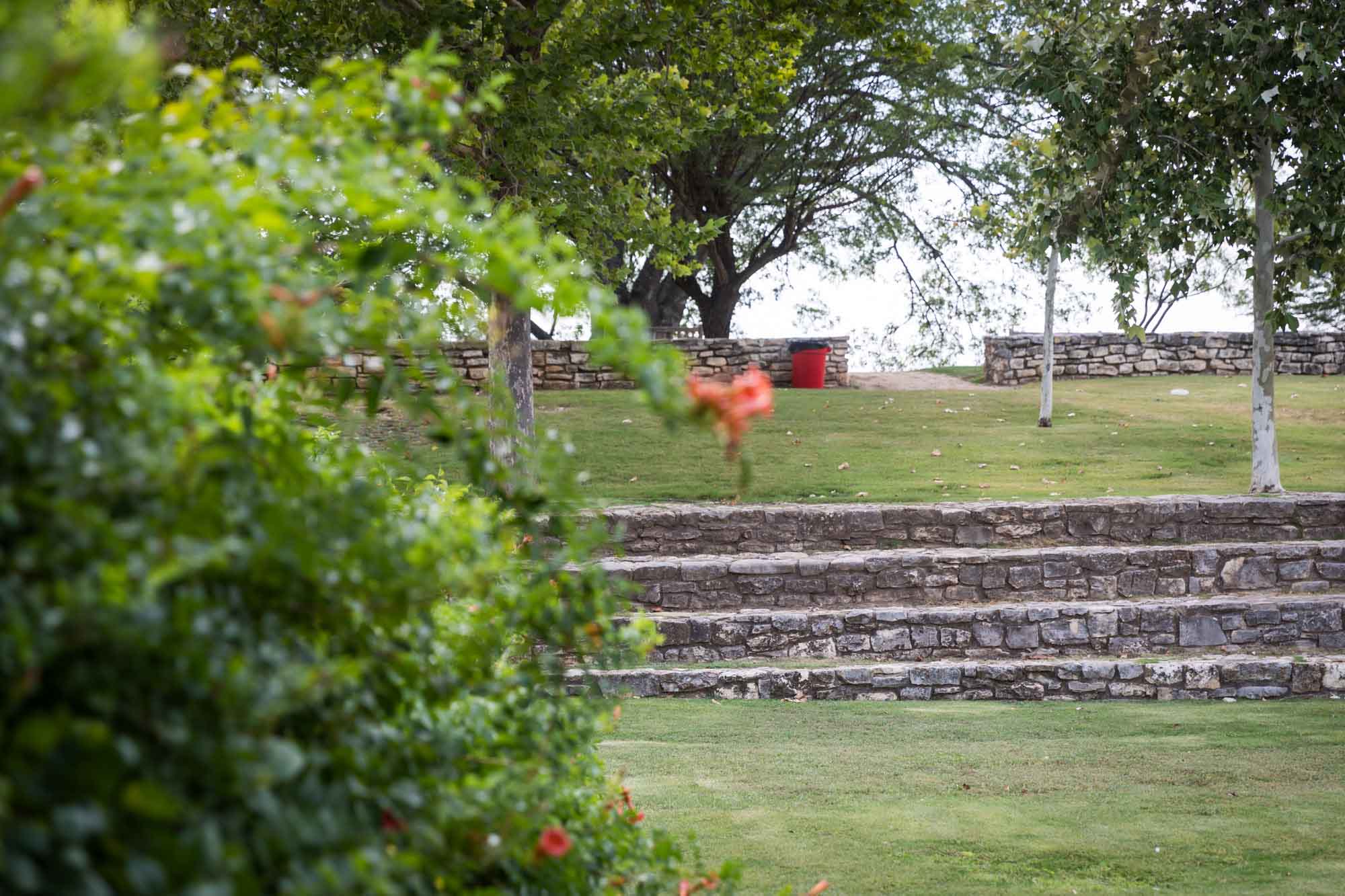 Stone steps coming out of grass with green vines on the side in amphitheater for an article on the best San Antonio Botanical Garden photo locations