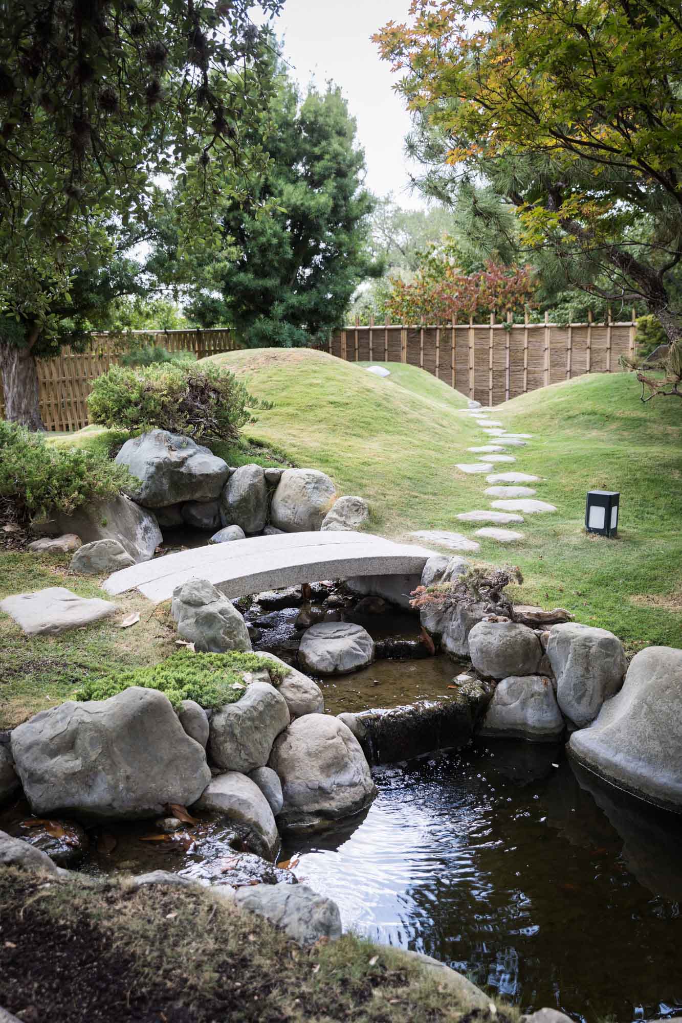 Wide view of Kumamoto En Japanese Garden showing pond, bridge, stones, and trees for an article on the best San Antonio Botanical Garden photo locations