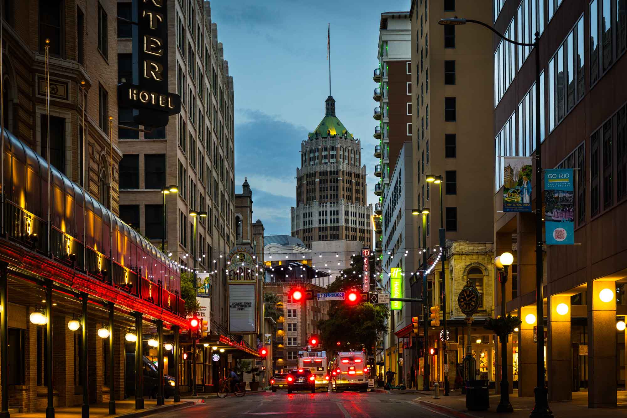 View down St. Mary's Street at twilight in downtown San Antonio