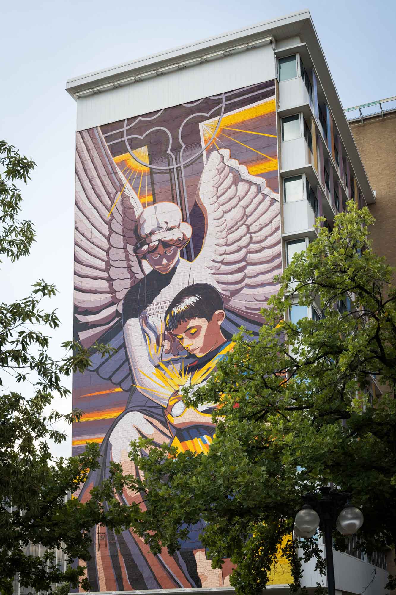 Angel and child mural on CHRISTUS Children's Hospital in downtown San Antonio