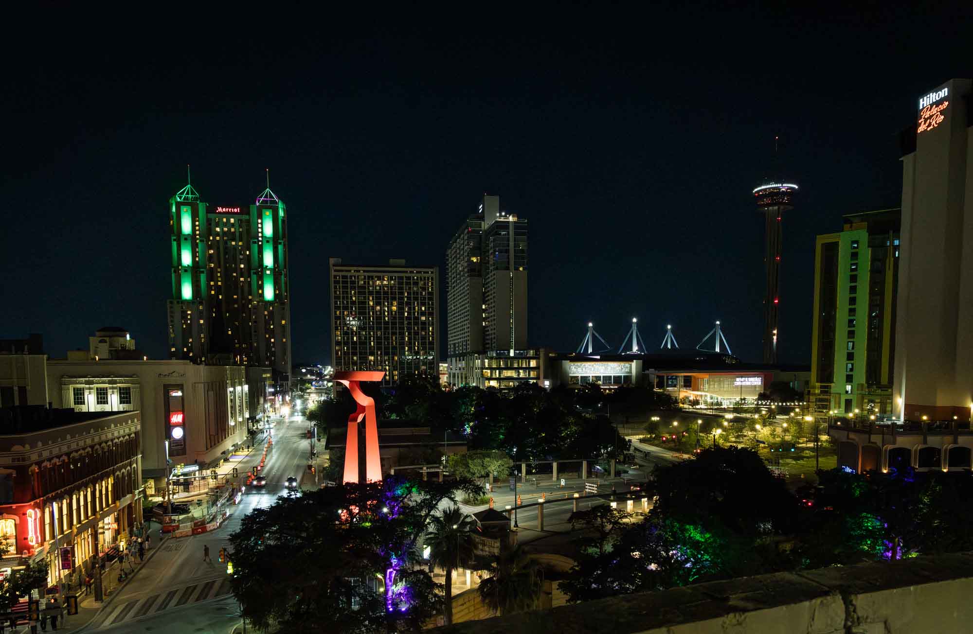 Aerial view of downtown San Antonio at night