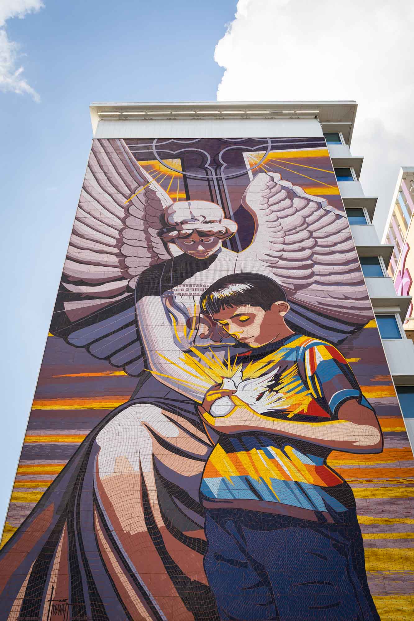 Angel and child mural on CHRISTUS Children's Hospital in downtown San Antonio