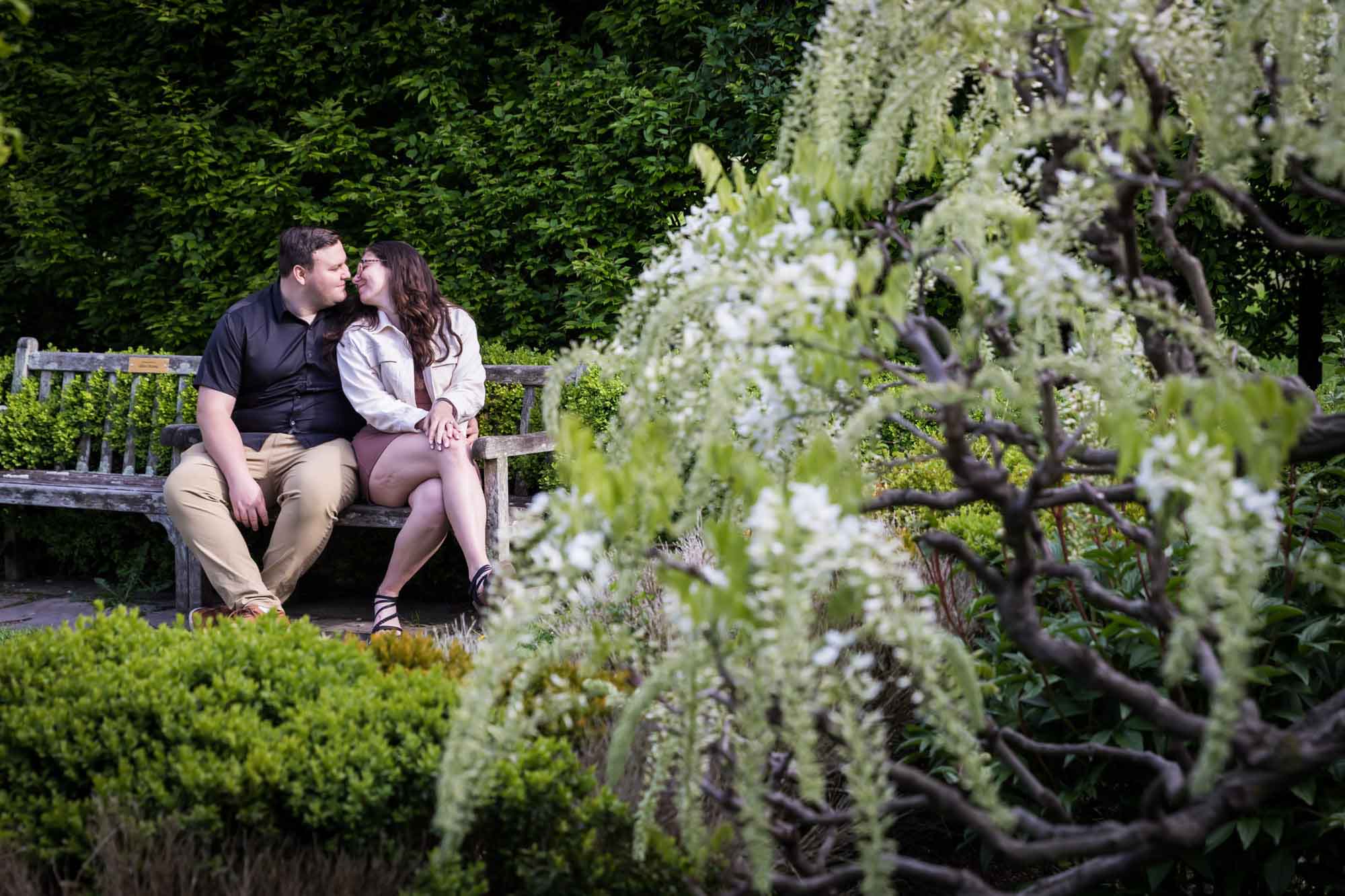 Couple sitting together on bench behind tree with white flowers for article on best Ziliker Botanical Garden photo locations