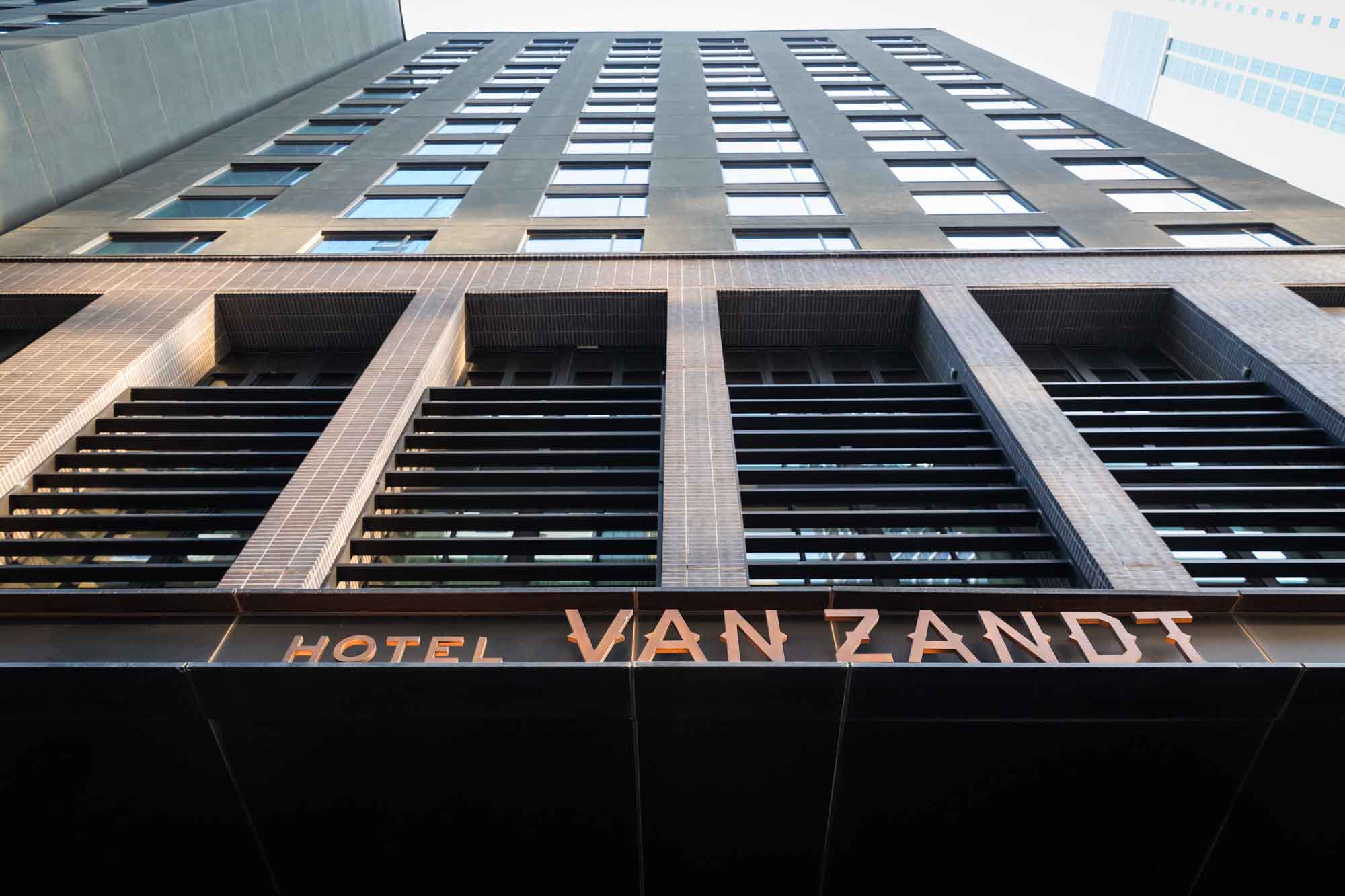 View from the ground up of the front entrance of the Hotel Van Zandt