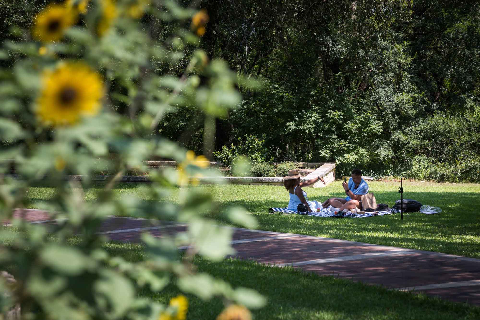 African American couple sitting together on blanket with woman showing hand to man holding camera in Zilker Botanical Garden for an article on the best places to propose in Austin