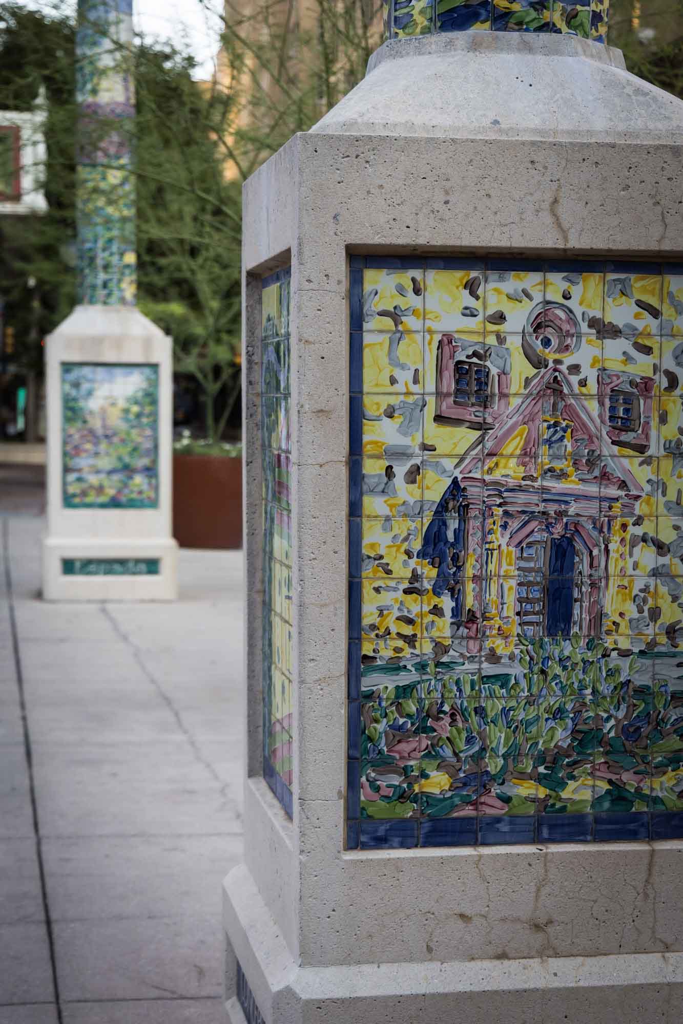 Colorful tiled lamp posts on Houston Street in downtown San Antonio