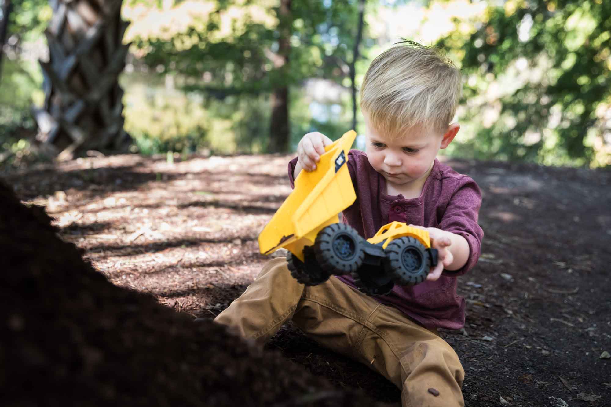 San Antonio Botanical Gardens family portrait of little boy wearing maroon shirt and khaki pants playing with mulch in his toy dump truck