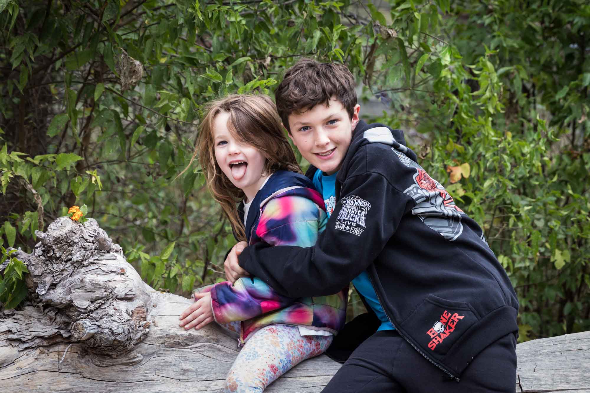 Little girl and older boy sitting on tree log during a Confluence Park family portrait session
