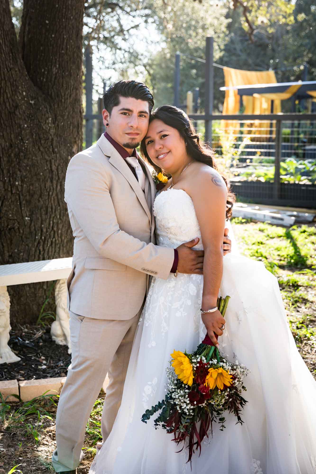 Bride in strapless gown and veil hugging groom wearing tan suit in front of large oak tree at a San Antonio DIY wedding